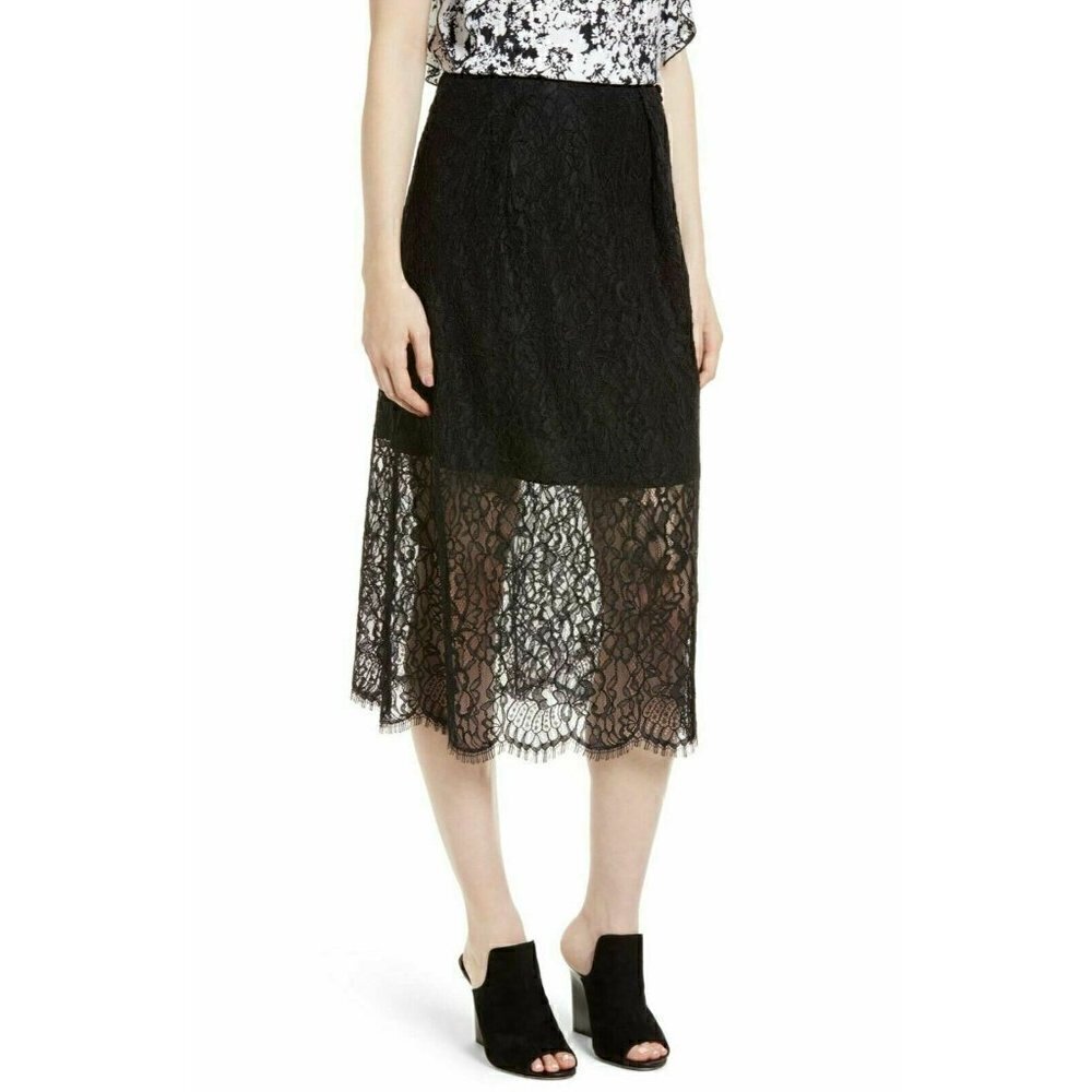 LEWIT Women's Black Lace Midi Skirt Size 6 $349